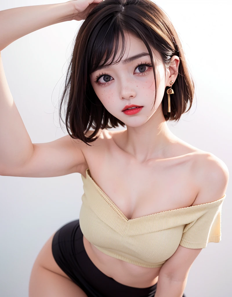 one person、whole body photos、White polo shirt、Cleavage、Green mini skirt、fun、15 years old、whole body、slender、woman、White drool coming out of the mouth、Natural short bob hair、 Fair skin,Super cute、Soft and Face、Brown Hair、8k resolution、Surreal、Ultra high definition、 Soft Body、A-cup small breasts((Highest resolution、8k、masterpiece:1.3))、Ultra-fine face、Ultra Fine Lips、Beautiful Eyes、double eyelid,Slender figure、I can see your thighs、Shapely small breasts、Light blue wall