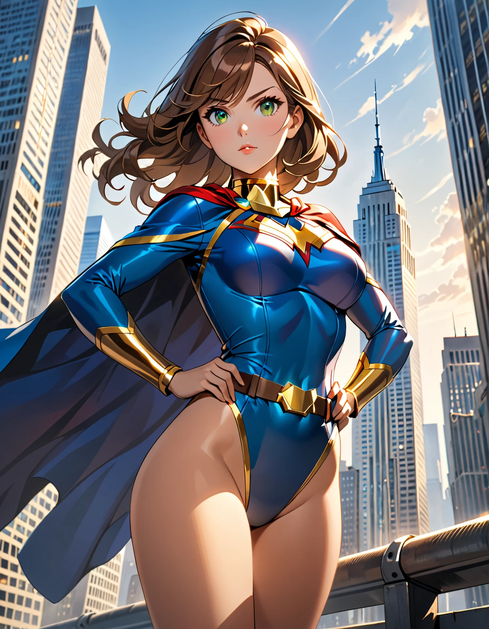 (masterpiece), (best quality), (high res), 1lady, tall body, beautiful detailed eyes, beautiful detailed face, perfect hands, complete fingers, perfect anatomy, perfect proportions, ((brown hair, medium hair)), ((green eyes)), ((leotard, red leotard, matching leotard, bare legs)), ((boots, matching boots, knee-high boots, yellow boots)), breasts, medium breasts, (full body portrait), looking at viewer, solo, solo focus, standing, one hand on hip, cowboy shot, new york backdrop, (belt, tight belt), (blue sleeves, yellow cuffs), (yellow hawk symbol on chest), (medium cape, light blue cape), full body costume design.