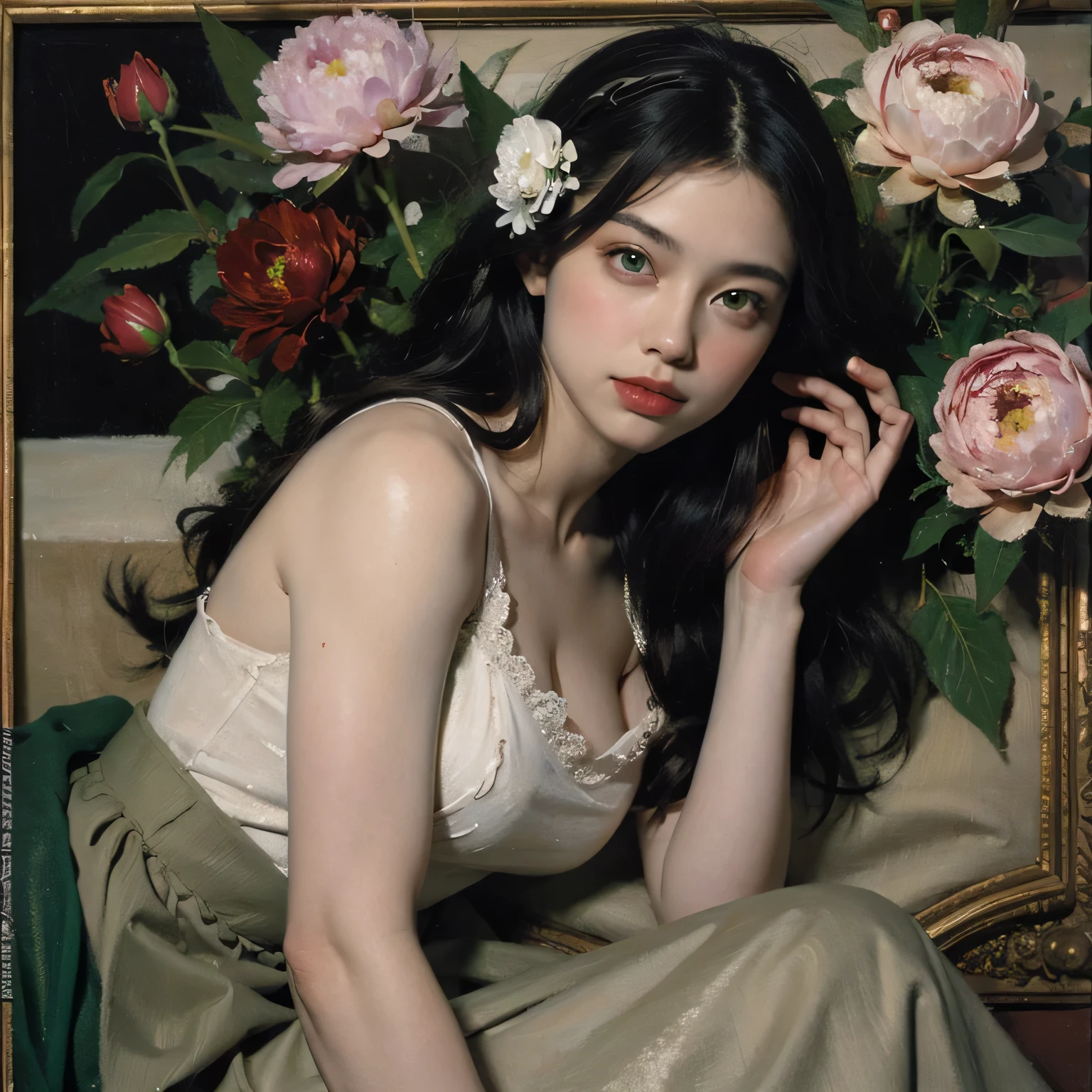 (oil painting:1.5), \\ a woman with (long curtly hair ), ((green eyes)) is lie on the ground in veil, peony, (amy sol:0.248), yellow, with skirt,(stanley artgerm lau:0.106), (a detailed painting:0.353), (gothic art:0.106)
