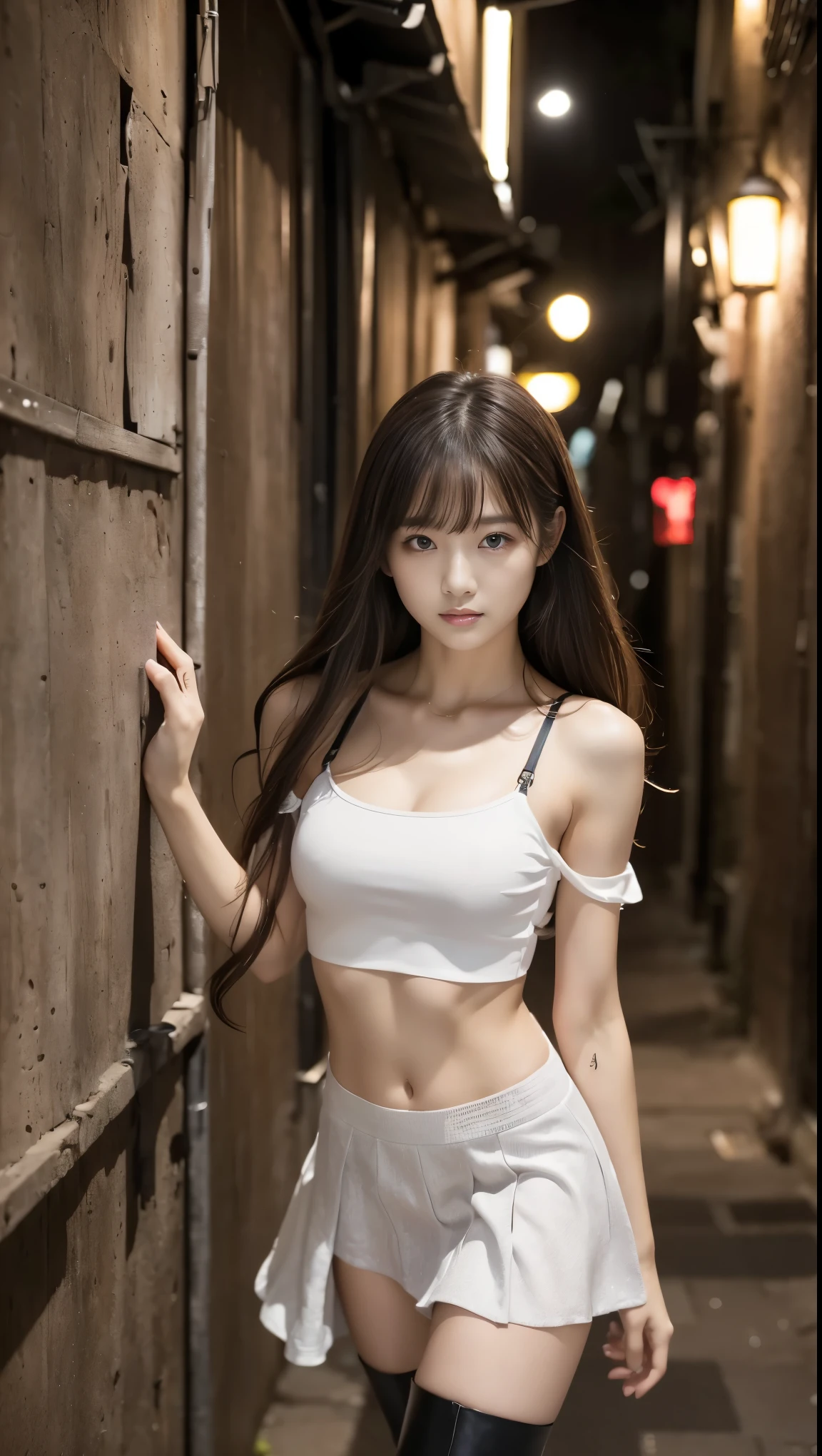 best qualtiy，sface focus，Look at the audience head-on，the soft light，（depth of fields），超高分辨率，（Photorealsitic：1.4），RAW photos，Bigboobs，Open navel，Bare shoulders，By bangs，Long ponytail hairstyle，（sportrait：1.4），（From the front side）1girll，独奏，adolable，（Shy，ssmile：1.1），（with brown eye），Detailed beautiful face，（mid day_Hair）， moon in the night，Walk，（off-the-shoulder shirts），