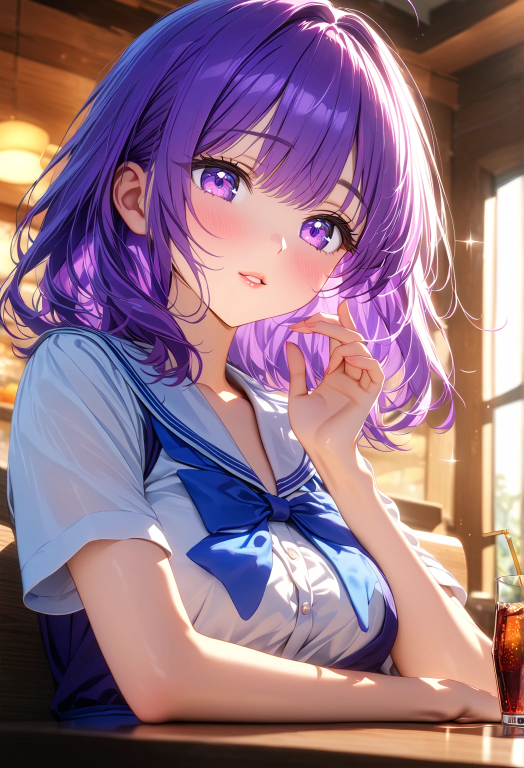purple eyes, (The best quality, master painting:1.3), Oboro, mature female, 26yo, (half body shot:1.3), Schoolgirl, School uniform, (seductive look:1.5), purple hair, short hair, Stacked Bob Hair, (big breasts:1.2), (narrow waist:1.1), neckline, perfect body, (athletic body:1.1), soft skin, anime face, perfect face, (Perfect eyes:1.3), bright Eyes, Purple Iris, anime eyes, smoky eyeliner, eyeshadow, Asian, looking at the viewer, intelligent, Chalkboard background, Classroom, sharp focus, intricate details, Professional Illustrations, (vibrant colors:1.1), vivid colors, fuzzy lighting, digital mixing, ultra detailed body, Ultra detailed hair, Ultra detailed face, Trends on Pixiv, Top button open, shy girl, nice look, make-up, purple lipstick, perfect lips, make-up perfecto, ultra detailed painting,