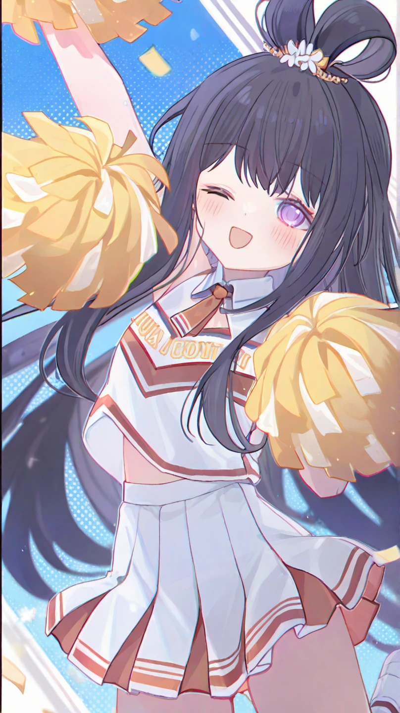 Long Hairと青い制服を着てPom-pomを持っているアニメの女の子、(masterpiece:1.5), figure, 4K, 8k, (high quality:1.1), Very detailed, Detailed face, High resolution, Vibrant colors, Natural light, Cute eyes, Fine grain, Colorful eyes, Beautiful Face, One girl, Long Hair, Messy Hair, Brown Hair, Twin Blade, Scrunchie, hair ornaments, Cheerleader, No sleeve, T-Shirts, Pom-pom, support, Stadium、Audience seats、Dancing、 Spread your arms, ((Confetti)), smile, Open your mouth, Angle from below、one eye closed、Close one eye、Big Breasts、Raise one leg、Panty shot、