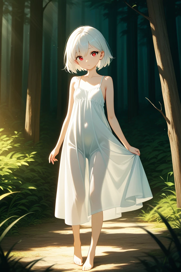 best quality, high resolution, mysterious, back light, pin light, backlighting, in forest, (full body shot, straight from front,) 1girl, kawaii, famous japanese idol, standing, small breasts, , long legs, thigh, fair skin, baby face, lipgloss, faint smile, short bob, white hair, (see through white one piece dress, white panties, breast cleavage,) barefoot,