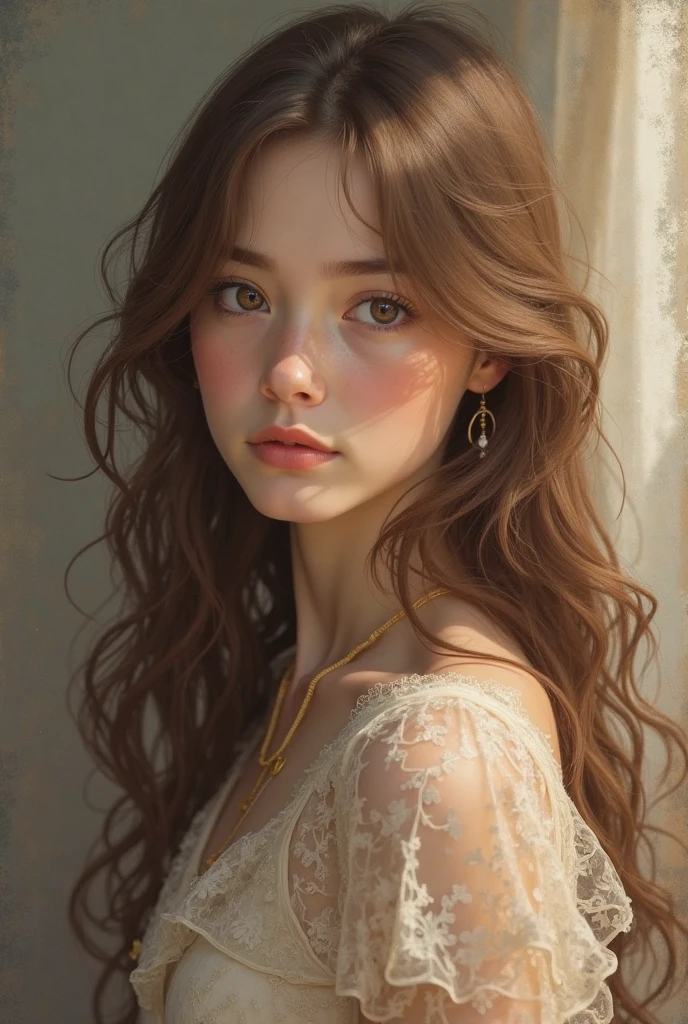 1girl, beautiful teenage girl, very small breasts, short wavy brown hair, portrait, oil painting, modern, realistic proportions, intricate, intricate details, sharp focus