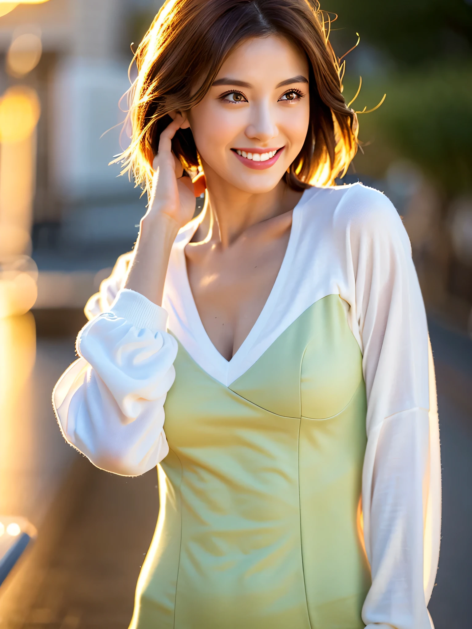 ((highest quality, 8K, Ultra high definition)), ((masterpiece: 1.3)), (Perfect appearance), (Photorealism: 1.6), (JMA), (Portrait of a Japanese mature woman), (Blurred Background: 1.8), (Sunny day in the park), (Woman standing in the shade), ((Looking this way)), ((Realistic skin texture)), (Fine wrinkles all over the skin, Dull skin, Unmoisturized skin, Wrinkles around the eyes, double eyelid, Lower eyelid tear trough, Crying Mole, Dimples), Slightly parted lips, Smiling gently, (Medium wave hairstyle), (A fitted blouse with a wide neckline: 1.2), (Lightweight fabric blouse), (Voluptuous body), (Large Breasts), (Tight long skirt),