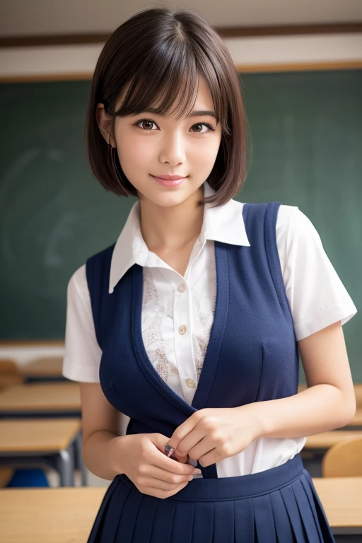 ((Best quality, 8k, Masterpiece :1.3)), 1girl, classroom, round face, Pretty woman,Huge breasts,Super Short Hair, Perm Hair,Giddy Smile,sailor suit, Ultra-detailed face,Full Body Shot, From Behind, cute eyes, Double eyelid