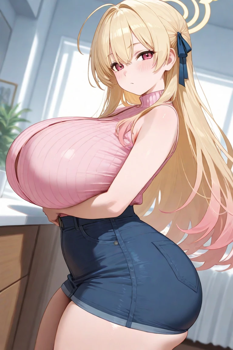 (masterpiece, detailed, realistic:1.2), young woman, (young, teenager), (leaning forwards), (thin:1.5), (gigantic breasts:1.8), (bursting breasts:1.5), (lopsided boobs:1.2), (detailed face, beautiful face), (worried expression:1.3), nipples, skimpy strap top, skirt, blonde braided hair, crowded living room