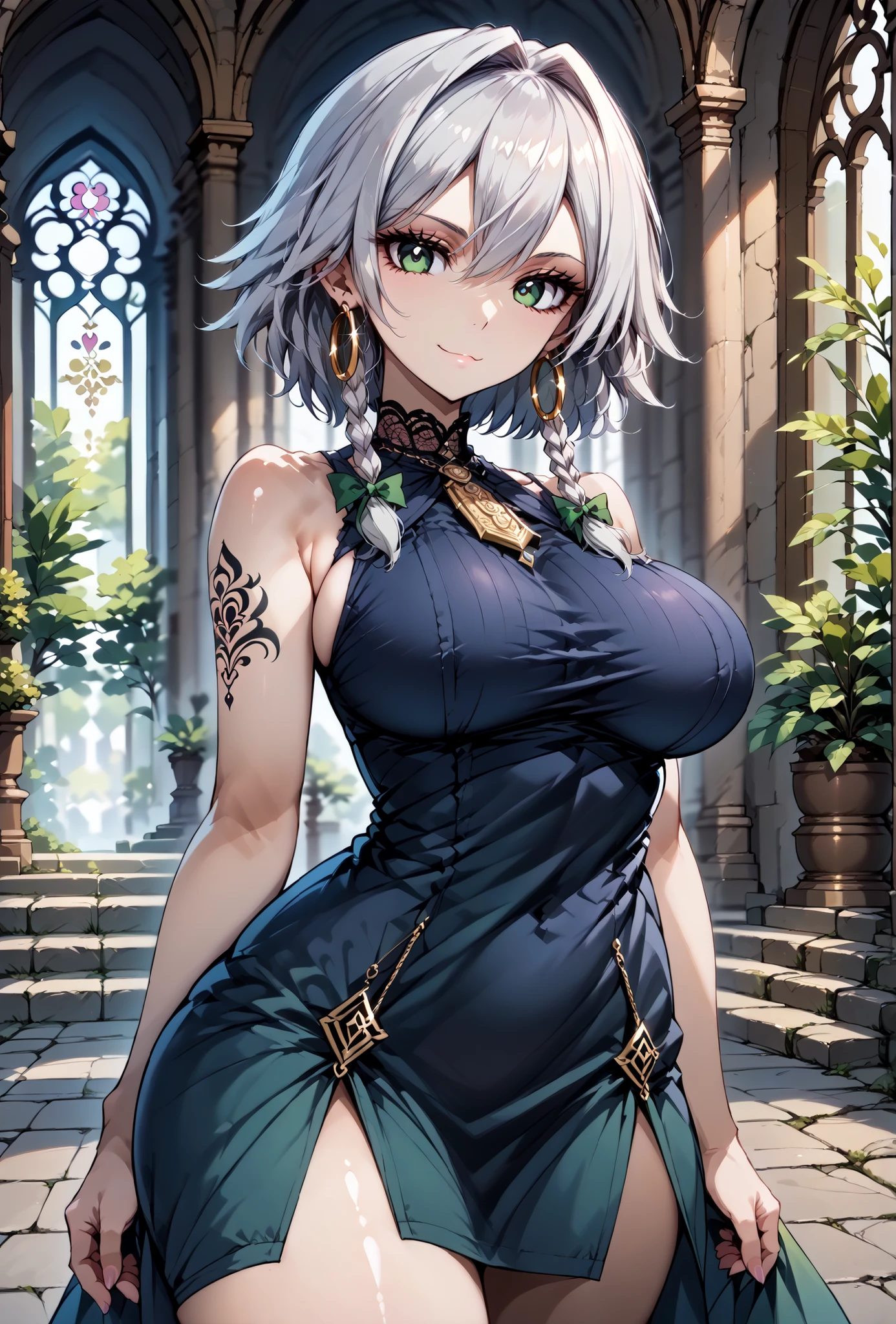 score_9, score_8_up, score_7_up, source_anime, 4K,perfect fingers,(perfect hands, perfect anatomy),prefect lighting, very aesthetic, intricate details,highly detailed background, masterpiece, high quality, best quality,
1girl,solo, izayoi_sakuya,silver hair, twin_braids ,((Large Breast:1.5)),
wearing ((tattoos, gold hoop earrings, tattoos, combed to the side, gothic mini dress, Sleeveless, bare shoulders, )) ,,
Sexy pose, looking at viewer, ((expressionless: 1.3)), seductive anime girl, ((seductive smile:1.4)),