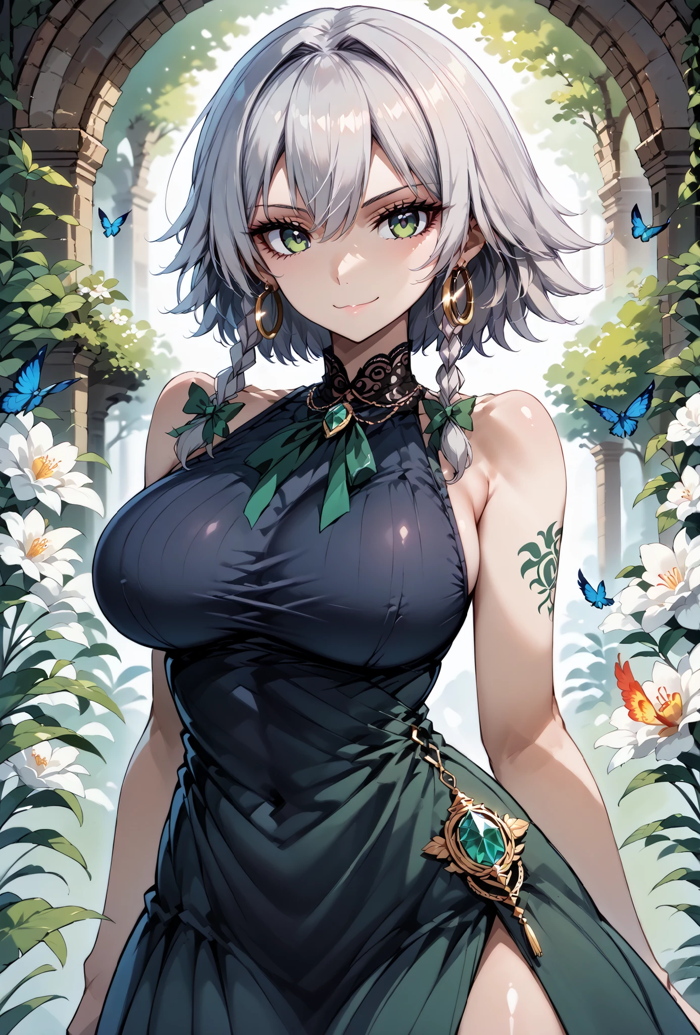 score_9, score_8_up, score_7_up, source_anime, 4K,perfect fingers,(perfect hands, perfect anatomy),prefect lighting, very aesthetic, intricate details,highly detailed background, masterpiece, high quality, best quality,
1girl,solo, izayoi_sakuya,silver hair, twin_braids ,((Large Breast:1.5)),
wearing ((tattoos, gold hoop earrings, tattoos, combed to the side, gothic mini dress, Sleeveless, bare shoulders, )) ,,
Sexy pose, looking at viewer, ((expressionless: 1.3)), seductive anime girl, ((seductive smile:1.4)),