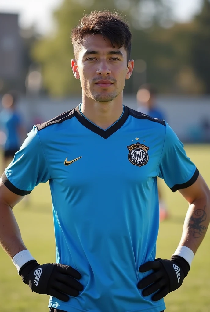Close up of Argentina national team soccer player in Copa America 2024 final match kicking a ball towards the Colombian goal when Colombia&#39;s goalkeeper comes out to defend