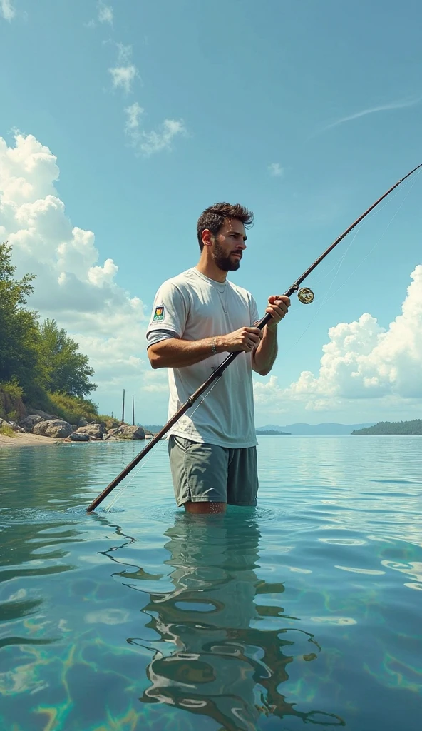 A fisherman clipart without clothes half way in the water,  stands in water and water is to his chest, and fishing. The fisherman stands 90 degree on teh side and non facing  to camera. The water is very clear can see everything. The water is higy to his chest.