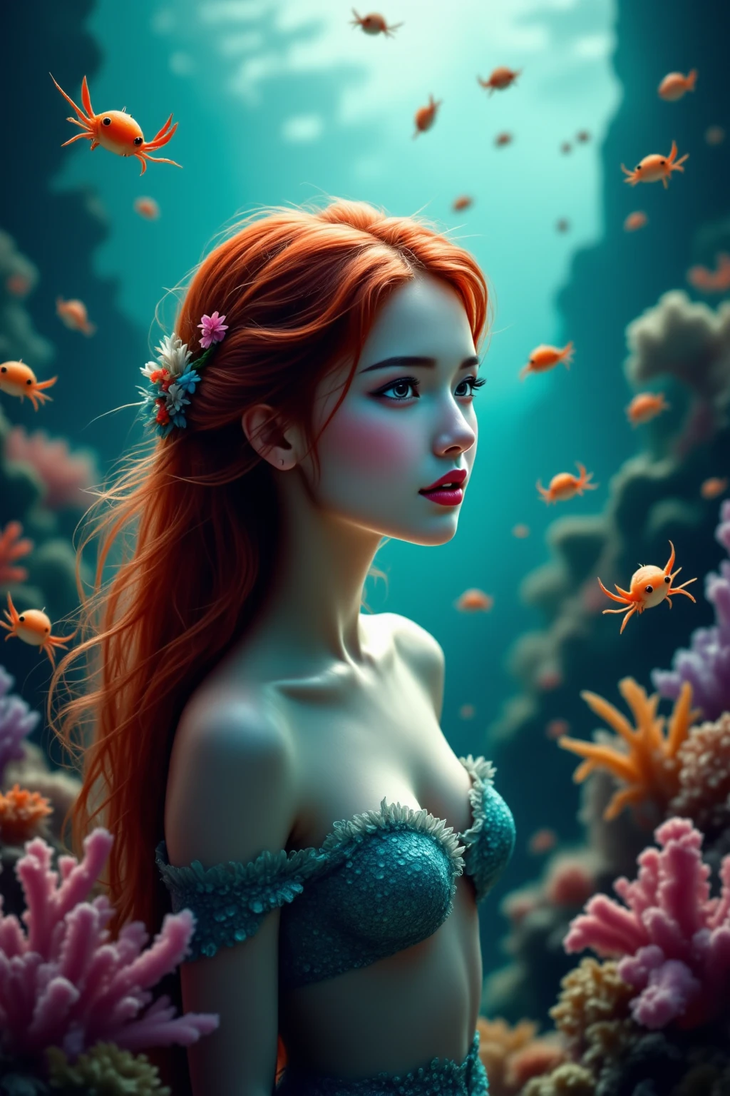 Underwater portrait, coral reef style Mermaid, flowing red hair, dreamlike,freckles, UHD, garden goddess, magical, smiling, highly detailed eyes, winking, head tilt,  chromatic aberration