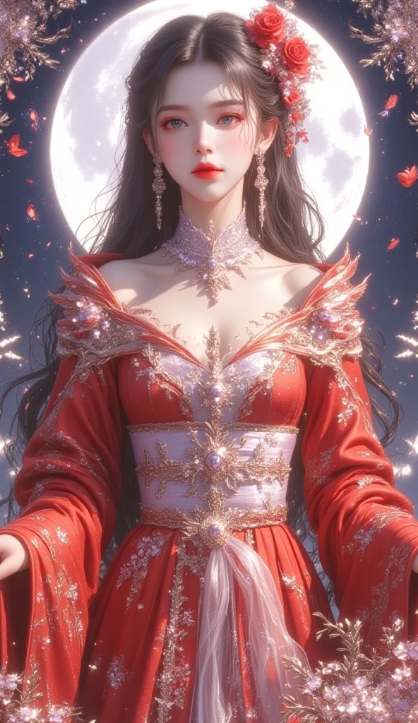 A female emperor, red flowing skirt, beauty, clear face, other shore flower, manzhu sand flower, ethereal simplicity, magnificent illustration, Philip McKay, multi-layered progressive style production, containing imposing, multi-layered, transparent and natural, delicate and soft, clear and bright imagery,