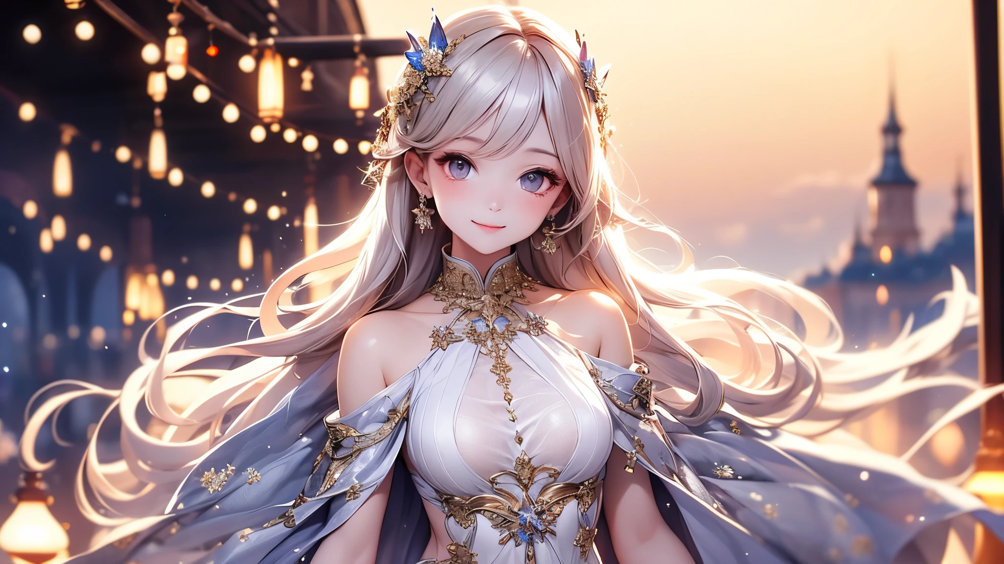 (masterpiece),(4K),High Quality,(small breasts), Sexy Girl Working At A Flower Shop、Sexy Saints , long silver hair ,pale skin,smile, Beautiful Detailed Grey Eyes, ( HIGH DEFINITION AND ELEGANT ),( White Capelet Fashion), Magical Color and Atmosphere , detailed skin from sleeve to chest,(Cute sparkle), light particles, The background is softly blurry ,Add dramatic and iconic elements to the scene, border before the big end, Bokeh, feels silky , transparent silk, soft, Lightweight clothing、H gold rewards、transparent 、 hyper-detail of the inn's bed,Creating a Dreamy Elegant Atmosphere