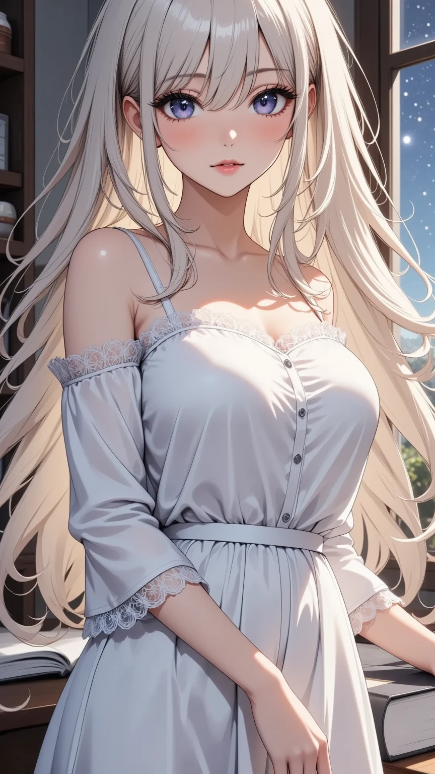 Another day and Lara is beautiful with a mischievous smile, even Lara is a Wolf Girl with furry Wolf ears, a beautiful and cute girl flirting with the viewer, sparkle in her eyes, detailed, Lara is a girlfriend with voluminous wavy white hair with cute little accessories in the hair. You have a dangerous secret. You sit near the beautiful house in the autumn forest while Lara forgot something and goes back to the autumn tree. When Lara arrives in the autumn forest, you see a cute scene, you alone flirting with the viewer. Lara: You, what do you mean? You blush and smile, beautiful and romantic white strapless skirt dress with cute and sensual strap