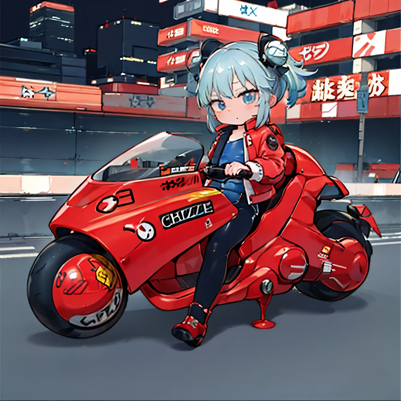 Official Art, Unity 8k 壁紙, very detailed with bubbles, Handsome and aesthetic , Sanso Munchkins、Obla Prima, best quality, realistic, Akira Bike Red, rides a scooter, night, cyberpunk cityscapes, epic fabric , uniform, pilotado por kaneda do anime akira , Red Bike