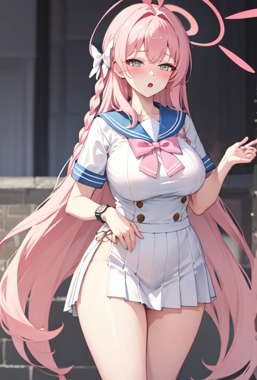 4K, 18year old,girl,blush,embarrassed from, Nodoka Haramura,Nodoka Haramura,Pink hair, 1girl in,(sailor_shenron),Skirt,(Large breasts),(Skirt:1.2),Salute,sideboob barbosa,embarrassed,Shy,Standing,(White background:1.2),highleg thong,Midriff,thighs thighs thighs thighs, Plump, huge tit