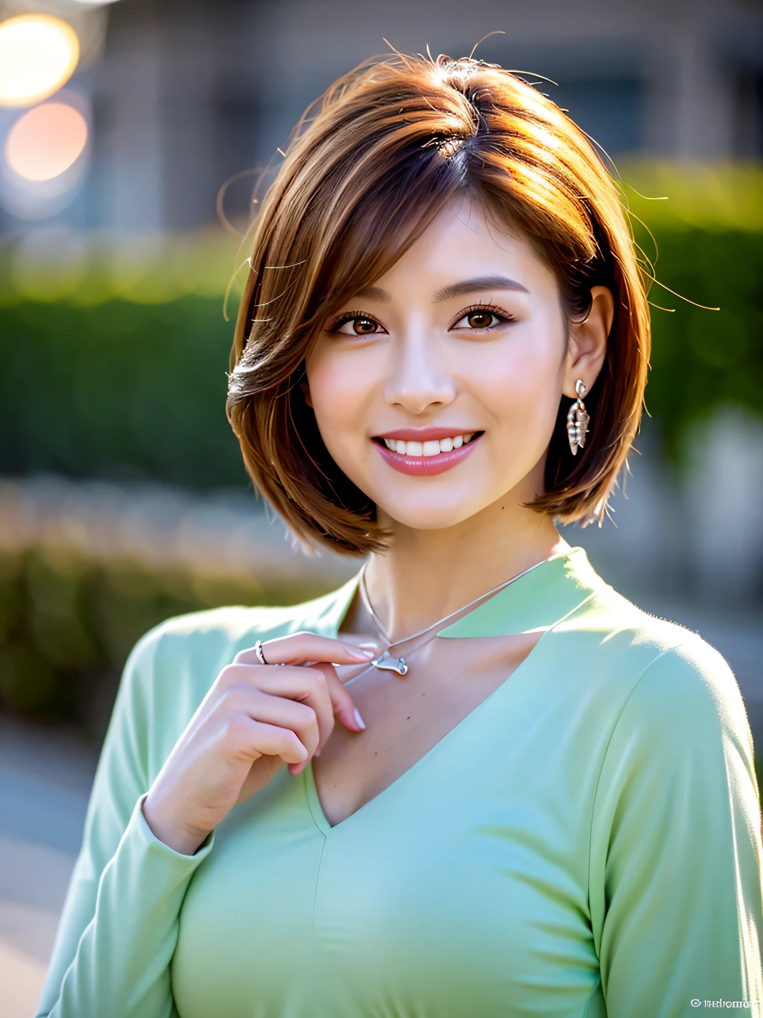 highest quality, masterpiece, High resolution, Realistic, RAW Photos, 8k wallpaper, perfection, Professional Lighting, Very detailed, Depth of written boundary, ((One beautiful woman)), 40 years old, (Sexy Woman), ((Light blue V-neck knit shirt)), Upper body shot above the waist, Standing straight with good posture, ((Looking at the camera)), Detailed face and skin texture, Detailed eyes, at the park, bangs, Shapely breasts, Light brown straight hair, Medium length straight hair that falls to the shoulders, (The hair length on both sides is the same), Short Hair, Faint lips