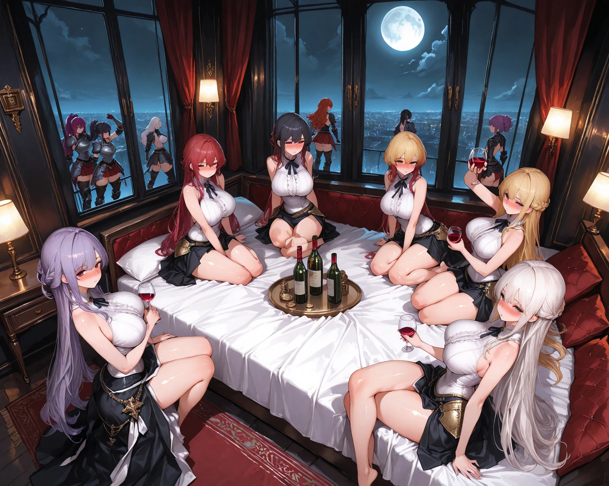((((Haremの4人のキャラクターが笑顔で描かれました))))、A group of female adventurers set in a medieval fantasy world,Dragon Quest, (At the pub:1.4), (Various Hair Styles), (Colorful and vibrant hair color), (Dark eyes), (Dark nipples and areola), (Harem:1.5), night, (Lamp light:1.6), detailed aspects, (Colorless clothing:1.5), (All of them are wearing revealing clothes.:1.4), (Clothes that are as transparent as air:1.8), (Low V-neck), (No bra:1.2), (No underwear), (Exposed breasts:1.4), (Exposed Skin:1.2), (Micro Mini Skirt), Seduce, Sleeveless, All the panties are visible、Large Breasts、A little bigger ass、Waist,