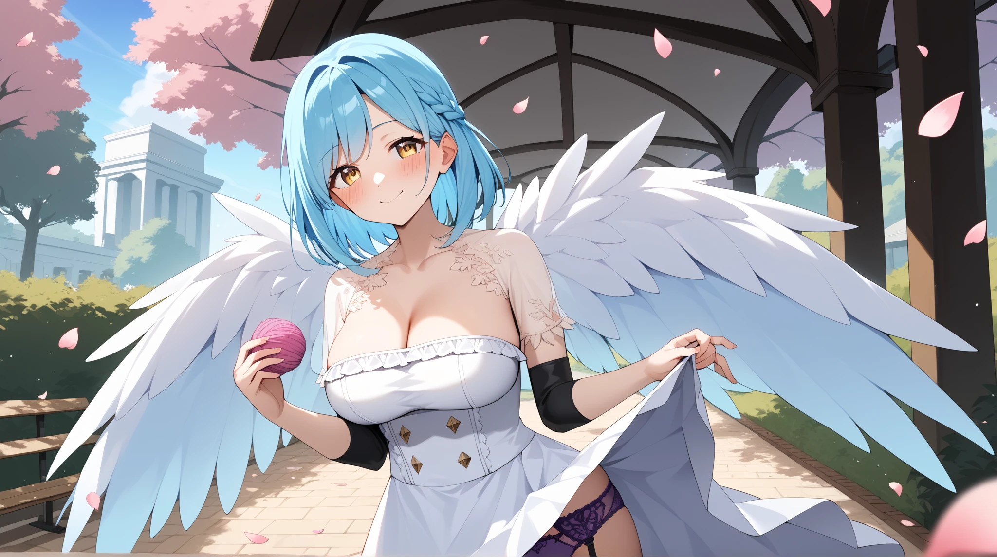 female, (harpy, winged arms:1.2), looking at viewer, large breasts, :>, barn, blurry background, soft lighting, bloom effect, mystic, surreal, <lora:yunsang_style_v02:1>