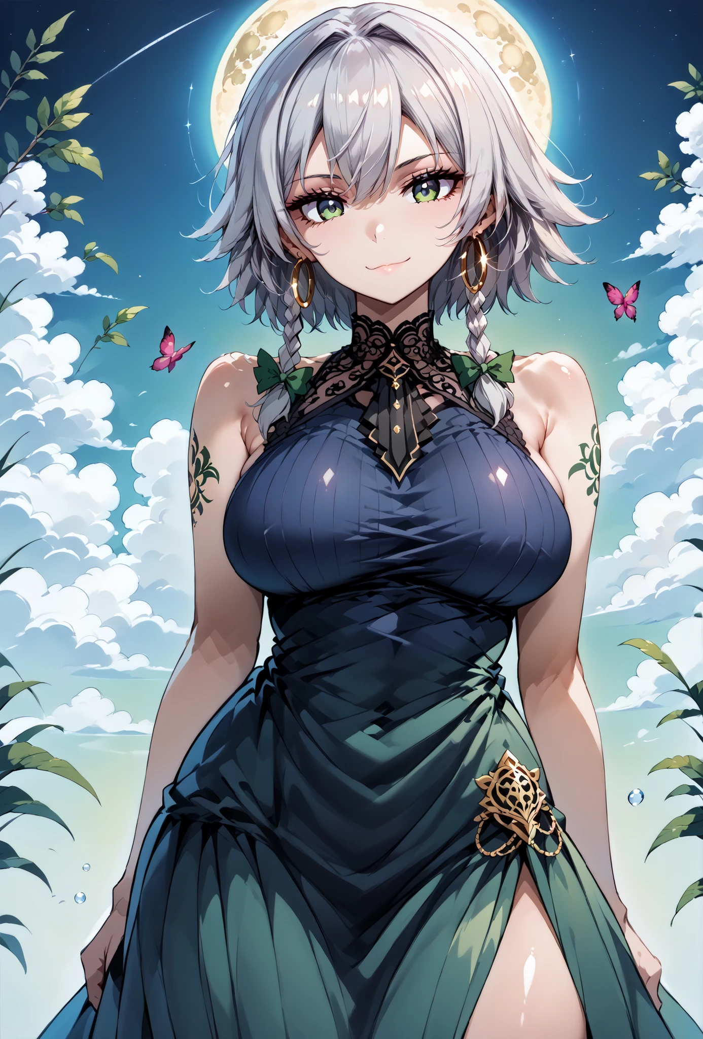 score_9, score_8_up, score_7_up, source_anime, 4K,perfect fingers,(perfect hands, perfect anatomy),prefect lighting, very aesthetic, intricate details,highly detailed background, masterpiece, high quality, best quality,
1girl,solo, izayoi_sakuya,silver hair, twin_braids ,((Large Breast:1.5)),
wearing ((tattoos, gold hoop earrings, tattoos, combed to the side, gothic mini dress, Sleeveless, bare shoulders, )) ,,
Sexy pose, looking at viewer, ((expressionless: 1.3)), seductive anime girl, ((seductive smile:1.4)), erotic, 