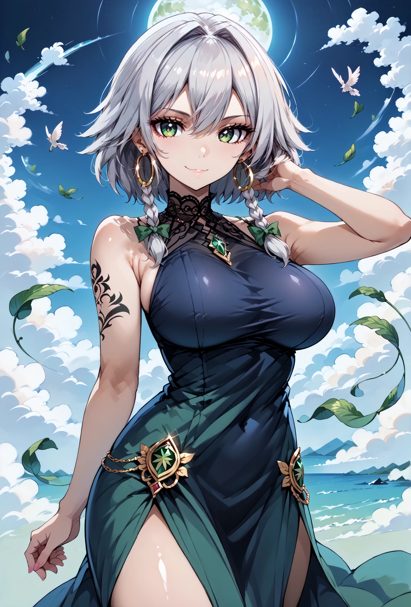 score_9, score_8_up, score_7_up, source_anime, 4K,perfect fingers,(perfect hands, perfect anatomy),prefect lighting, very aesthetic, intricate details,highly detailed background, masterpiece, high quality, best quality,
1girl,solo, izayoi_sakuya,silver hair, twin_braids ,((Large Breast:1.5)),
wearing ((tattoos, gold hoop earrings, tattoos, combed to the side, gothic mini dress, Sleeveless, bare shoulders, )) ,,
Sexy pose, looking at viewer, ((expressionless: 1.3)), seductive anime girl, ((seductive smile:1.4)), erotic,