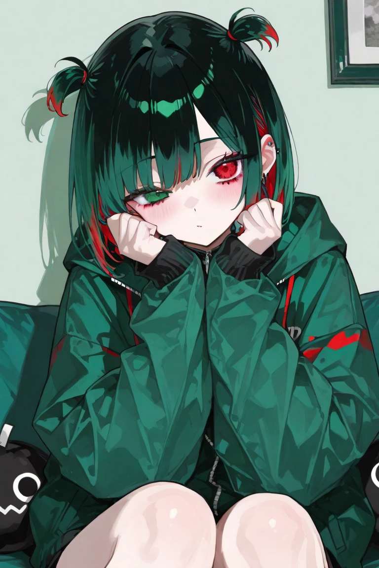 ((1 juvenile))、、((thin-waist))、de pele branca、((khaki hooded coat、Red and black horizontal striped shirt、short-hair、Black hair with red mesh、hair pin、Red cheeks、sticking out the tongue、a choker、piercings、Chain Necklace、Black Cargo Pants、Tomboy、ahe face))