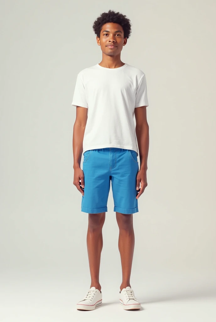 A 15 years old boy with big gym body and black curly hair and navy blue polo t shirt and white color trouser and a old watch and black color loafers and full white background and blue ish lights and sitting in the stool