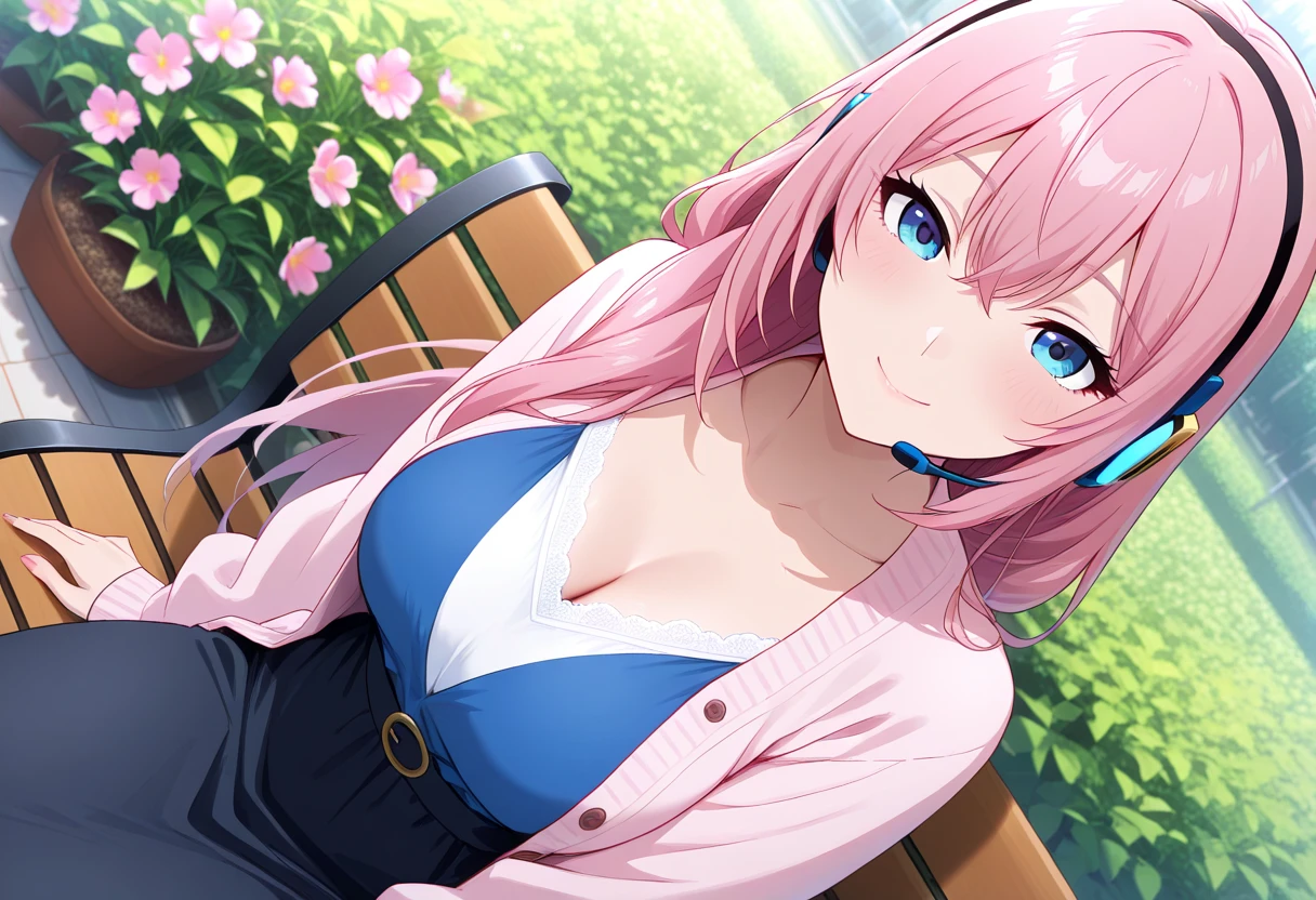 masterpiece, best quality, highres, aaflare, long hair, blue eyes, thighhighs, dress, choker, blue jacket, cleavage cutout, <lora:flare_arlgrande_jioral_v1:0.7>, bench, sitting, smile,