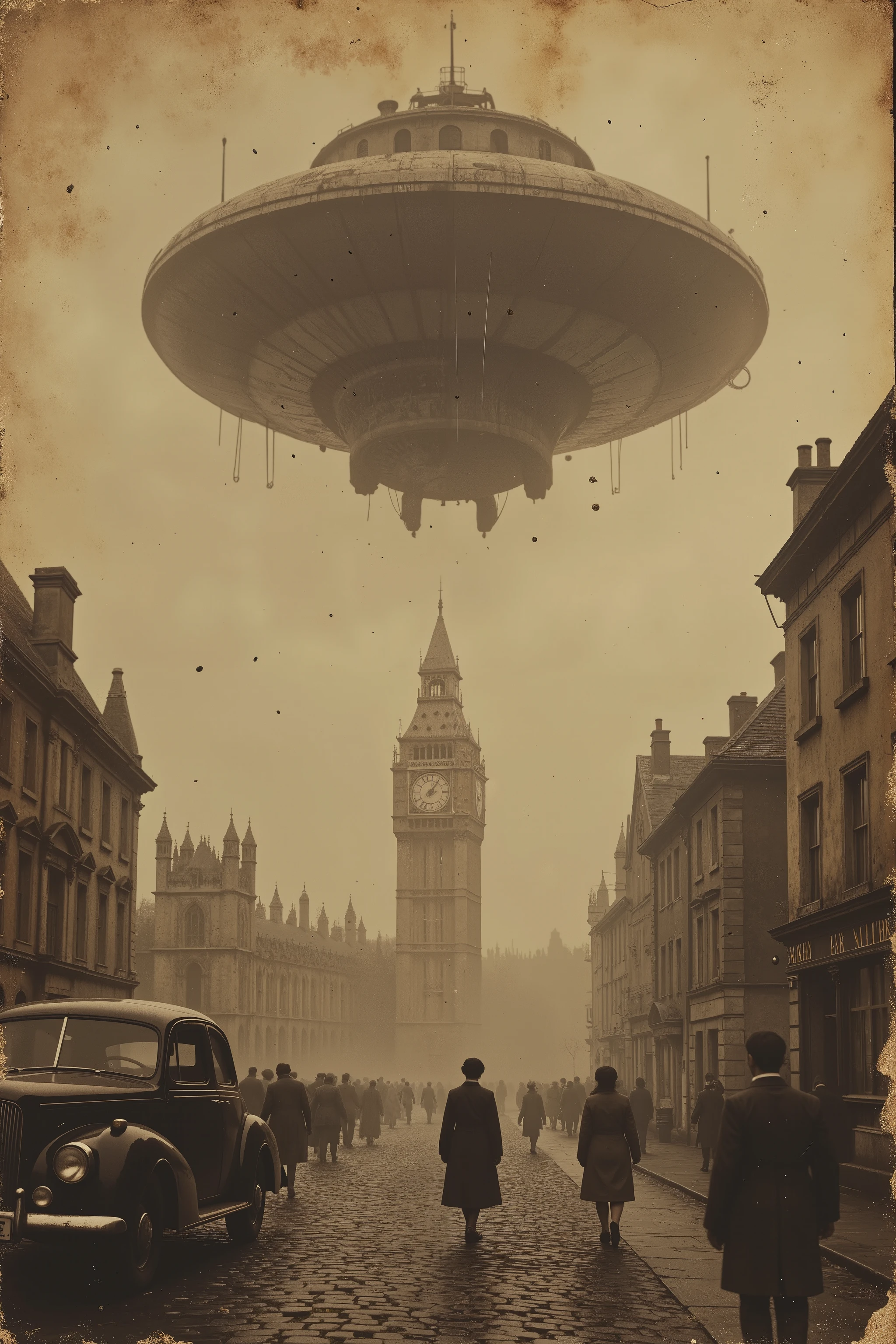 antqgldnCE style, nsfw,
Adult,
Photorealism,
((A scene from a live-action movie)),
Incredibly detailed,
19th century photo, antique photo, sepia toned photo, natural smile, her name, her price, photo date,
As an adult, A gigantic, sky-high flying object suddenly appeared in the sky above London.