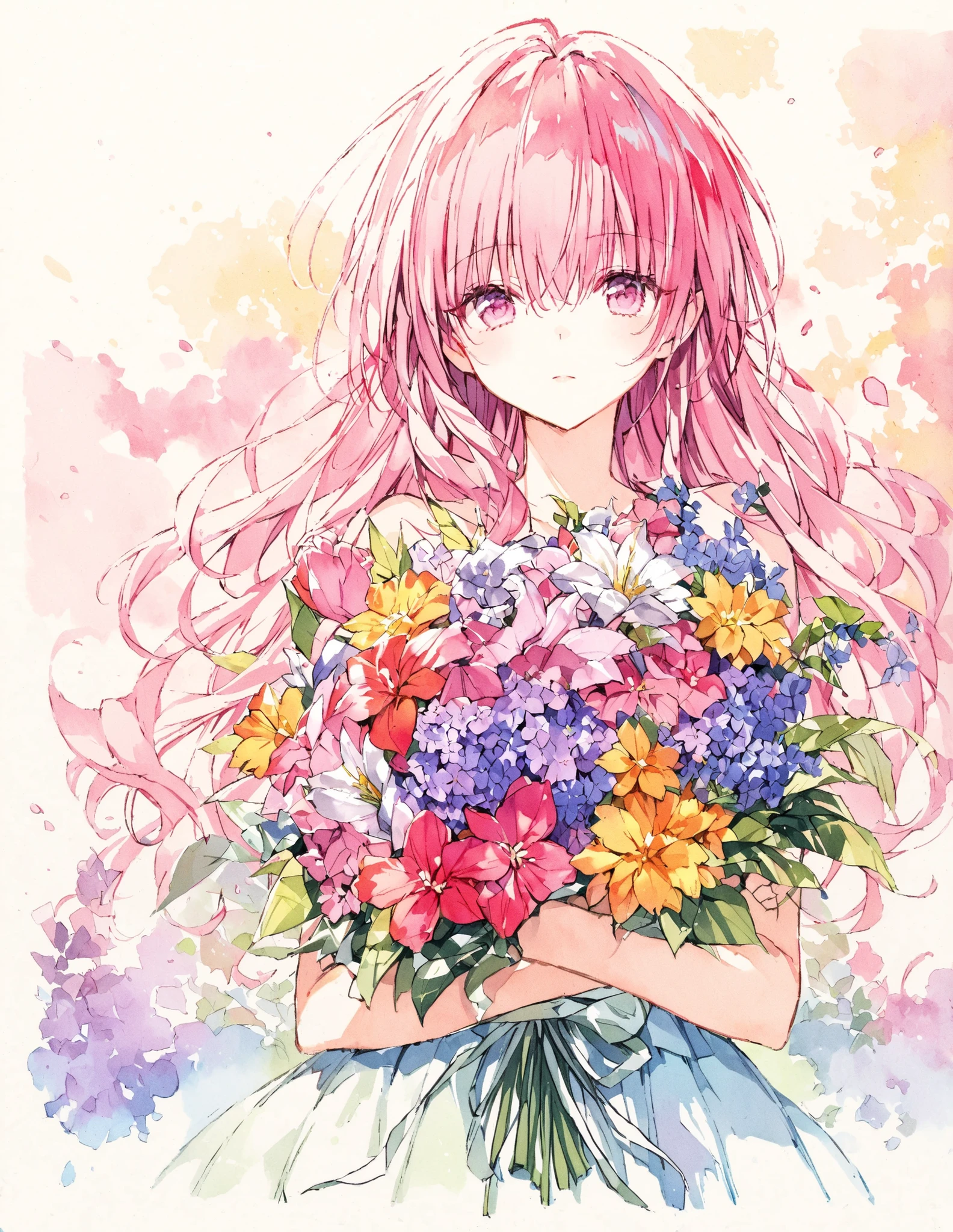 Official illustration using hand drawn watercolor sketch techniques　Midsummer flower　Half-baked　with P,A bouquet of flowers for you