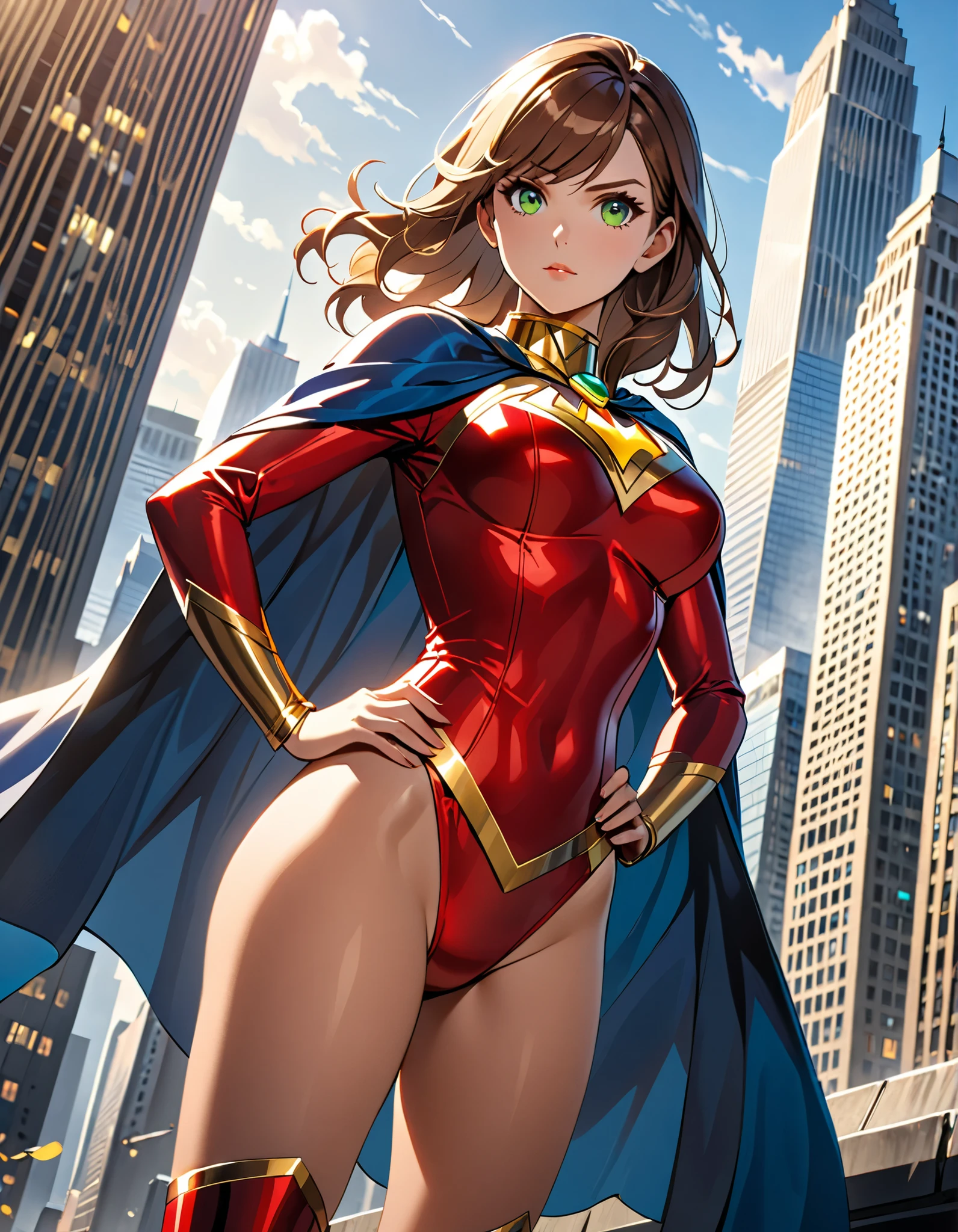 (masterpiece), (best quality), (high res),1girl, tall body, mature lady, beautiful detailed eyes, beautiful detailed face, perfect hands, complete fingers, perfect anatomy, perfect proportions, ((brown hair, medium hair)), ((green eyes)), ((leotard, red leotard, matching leotard, bare legs)), ((boots, matching boots, knee-high boots, yellow boots)), breasts, medium breasts, covered navel, (full body portrait), looking at viewer, solo, solo focus, standing, hands on hip, cowboy shot, new york backdrop, (belt, tight belt), (blue sleeves, yellow cuffs), (yellow hawk symbol) on chest, (medium cape, light blue cape), full body costume design.