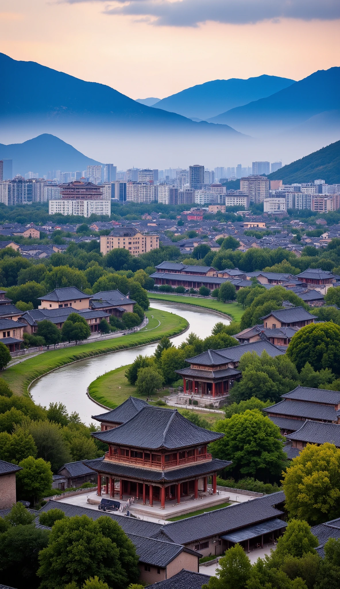 The、Ancient Xi'an、ロス・トランの写真です♪絵のように美しい背景、colorful city、city {x} The city walls and city of Xi'an seen from a little above、The high-definition background is Ancient Xi'an、China's Dream City、Highly Detailed Digital Painting、Highly Detail Digital Paint、river flowing next to the city、Detailed Scenery。