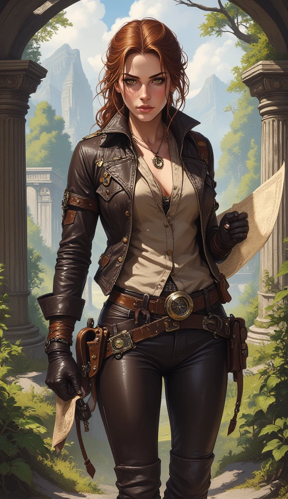 In the heart of a vibrant jungle, where the air is thick with humidity and the calls of exotic creatures fill the atmosphere, a bold steampunk adventurer explores the remnants of a long-lost civilization. She is clad in sleek, form-fitting leather pants that provide both comfort and protection as she navigates the overgrown ruins. The deep brown leather is scuffed and worn, a testament to her many daring escapades. Her tanned skin glows in the dappled sunlight filtering through the dense canopy above, and her long, wavy brunette hair is pulled back into a practical braid, keeping it out of her face as she climbs over crumbling stone and tangled roots. She wears a fitted, short-sleeved shirt made of breathable fabric, its earthy tones harmonizing with the lush surroundings. Over her shirt, a long, rugged coat flows behind her, its edges frayed and adorned with brass buckles and pockets filled with tools, maps, and other essentials for her explorations. Her sturdy, knee-high leather boots are designed for adventure, featuring reinforced soles that grip the uneven terrain of the ancient site. Around her neck, a brass pendant shaped like a compass dangles, symbolizing her unwavering sense of direction and her thirst for discovery. A leather satchel hangs at her side, brimming with artifacts and treasures she has unearthed during her journeys. As she stands amidst the towering stone structures, draped in vines and adorned with intricate carvings, her confident posture and determined gaze reveal a woman who thrives on the thrill of adventure, ready to uncover the secrets hidden within the jungle's depths.