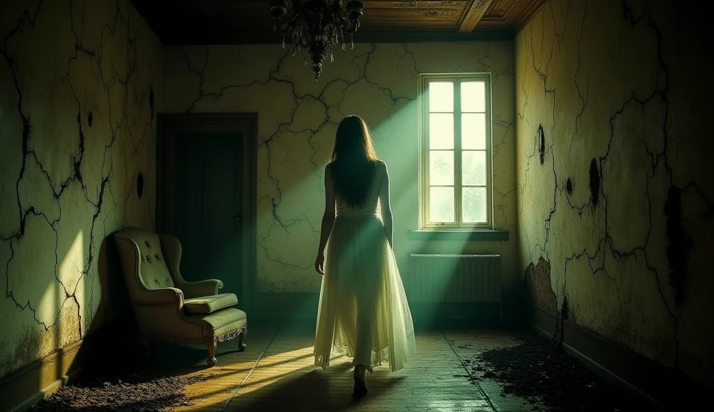 Hunted House Lady in room looking outside the window balcony