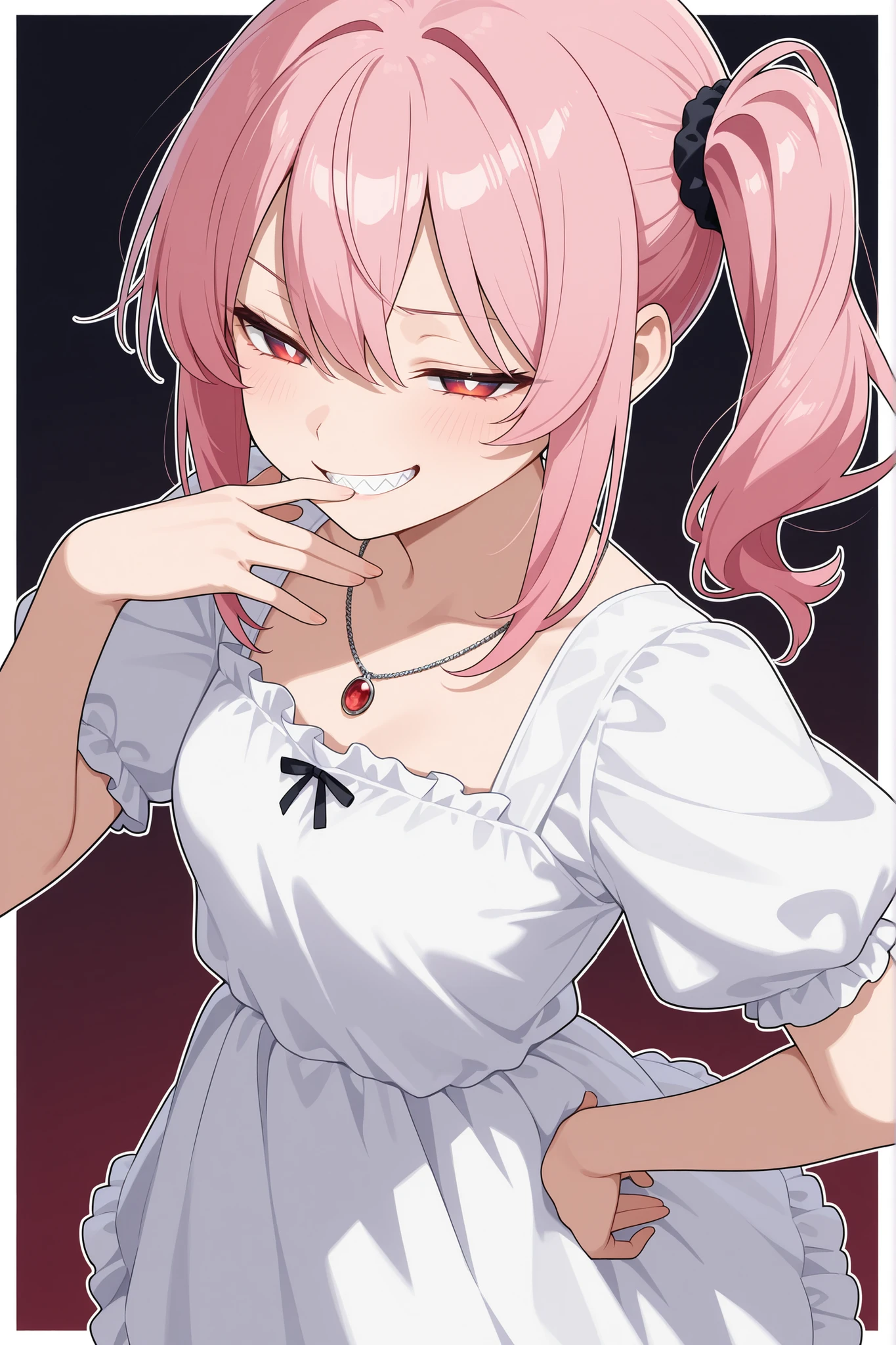 masterpiece, best quality, amazing quality, very aesthetic, absurdres, best quality, newest, safe, upper body, from above, from side, 1girl, aged up, smug, grin, half-closed eyes, hand on mouth, hand on own hip, pink hair, side ponytail, bangs, red eyes, gradient eyes, white pupils, sharp teeth, small breasts, necklace, white dress, frilled dress, puffy sleeves, simple background, gradient background, white outline, white border, (anime screencap:1.1)