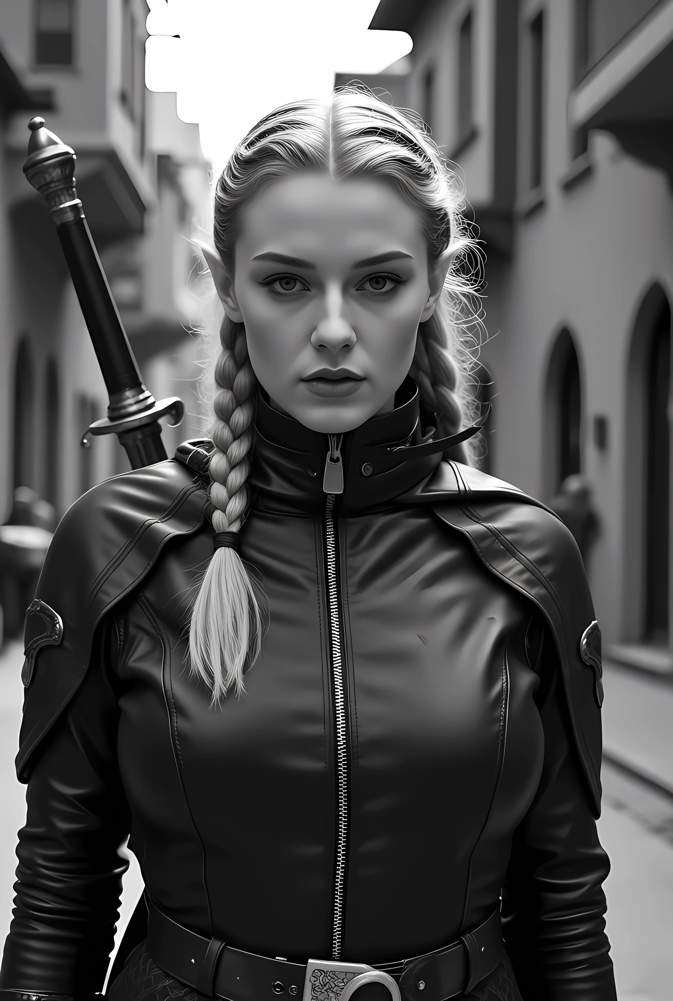 a black and white 1940s snapshot picture of a female elf, fantasy swashbuckler, fantasy fencer, armed with a slim sword, metallic shine, colorful clothes, full body, epic beautiful female elf, blond hair, braided hair, small pointed ears, wearing  cloak, long cloak, wearing elven leather armor, sense of daring, sense of adventure fantasy street, high details, best quality, 16k, [ultra detailed], masterpiece, best quality, (extremely detailed), dynamic angle, ultra wide shot, photorealistic, RAW, fantasy art, realistic art,((best quality)), ((masterpiece)), (detailed), perfect face, fantasy, Irelia
