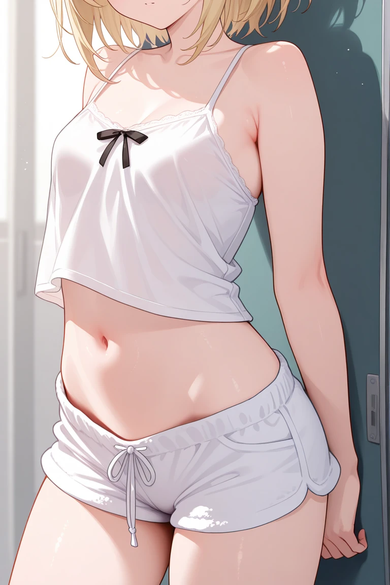 Woman in tank top taking photo, White Bikini Panties、Angle from the front、look up to、Exposed tank top and black leather skirt..The skirt is flipped up and the panties are visible、Beautiful facial features、beautiful thigh、Beautiful belly button、Wear a lab coat over a tank top、much shorter leather skirts、Sit so that you can see your panties.、Short skirts that look good on the thighs、Panties are in full view、Glossy appearance、Open your legs from side to side、Take a good look at your panties,、panthyhose、White panty、Beautiful camel toe、beautiful thigh、Beautiful facial features、poneyTail、 nurse girl, Nurse lab coat,The front of the lab coat is open、 close - fitting nurse costume, doctor, sakimichan, (doctor), White uniform, Yasumoto Oka