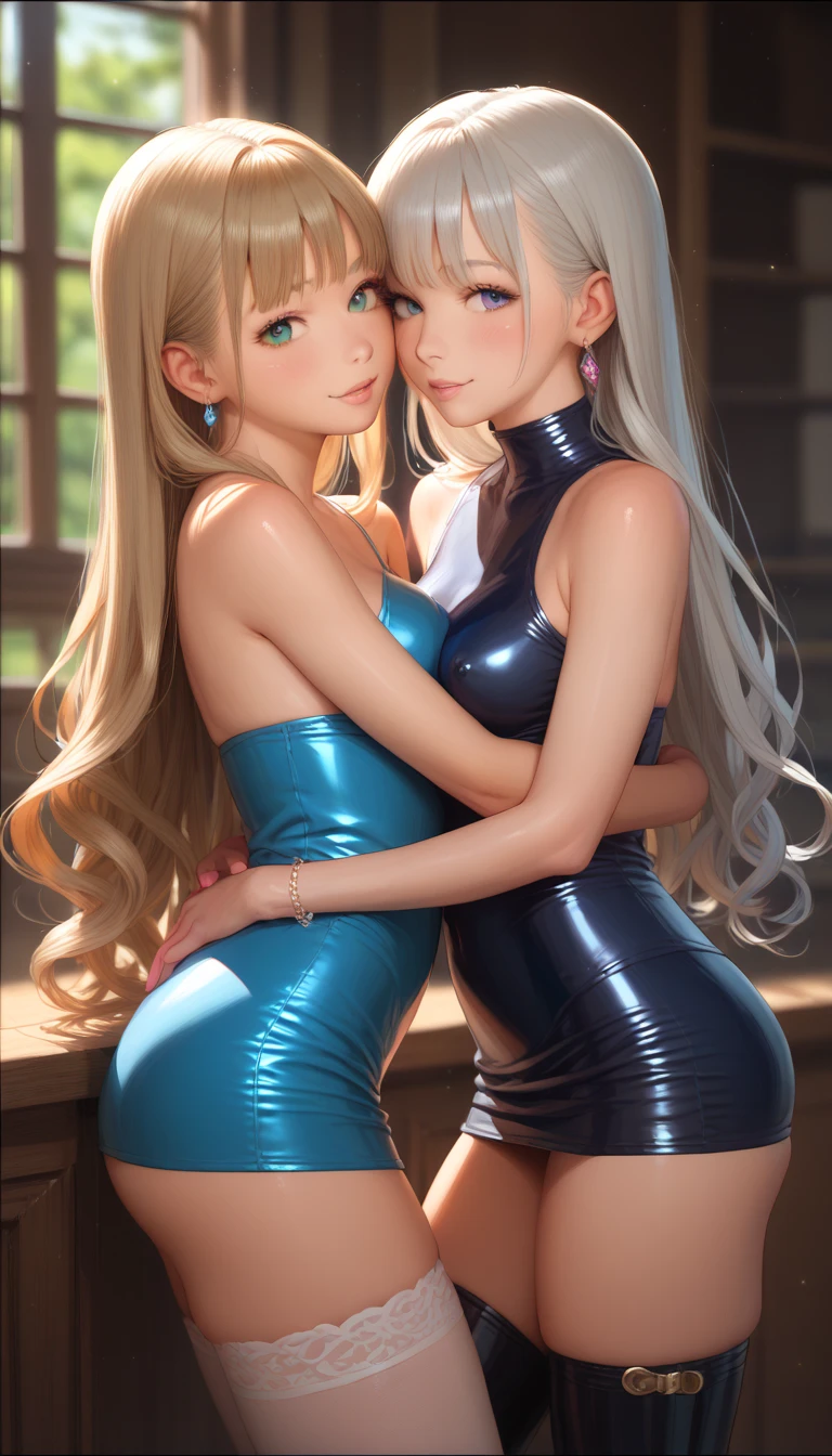 A mother and daughter yellow hair blue eyes on a magazine cover, vibrant colors, high-resolution, realistic portrayal, fashion-forward, loving bond, trendy attire, captivating smiles, natural beauty, professional lighting, contemporary style, artistic composition