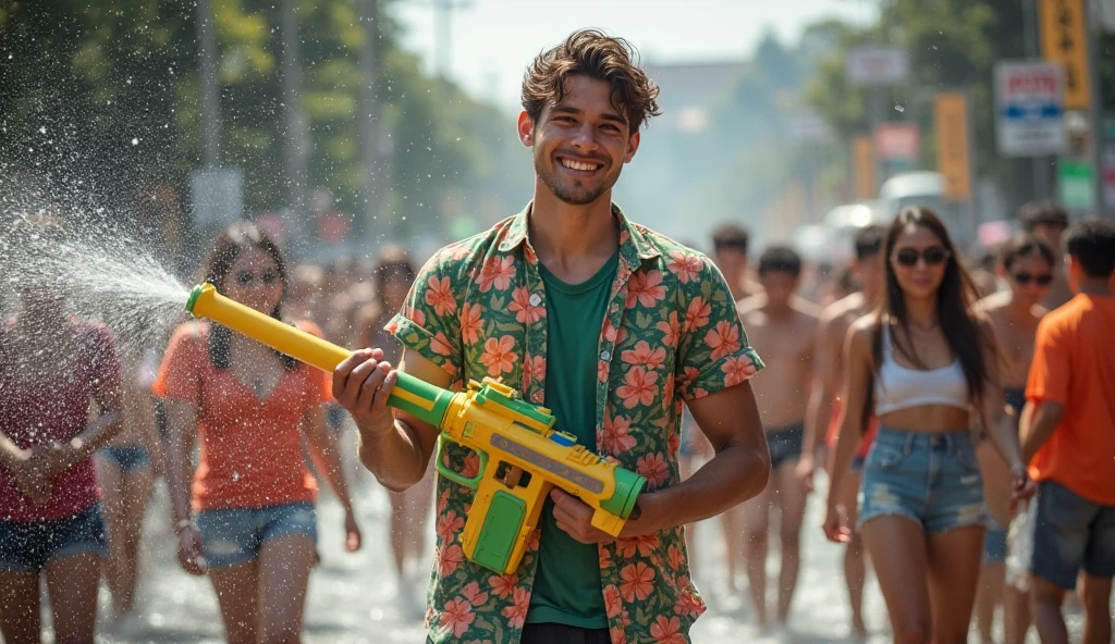 young guy, full-length, tanned body, body in oil, embossed body, thong, colored feathers, soap bubbles all over the body, carnival