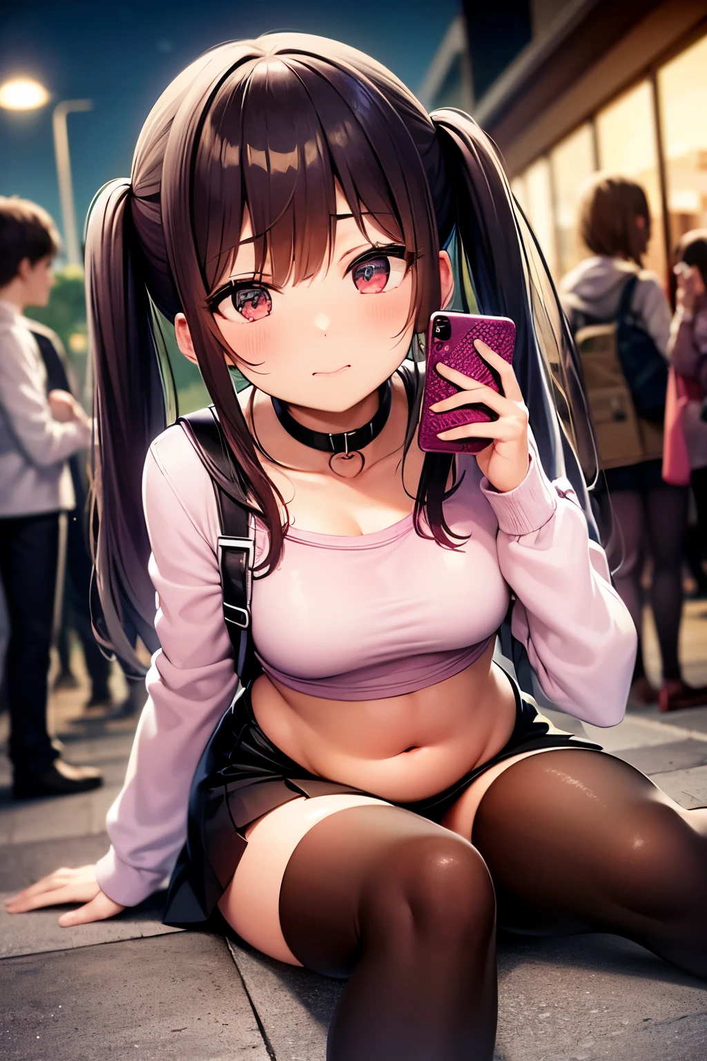 One girl Big Tits tall Pink long sleeve shirt Shiny T-shirt Long Hair Brown Hair Twin tails Black miniskirt Put a black mask over your mouth Night Brown skin Comfortable face Blushed cheeks Night bustling street Black platform boots, black latex knee-high socks, angle showing the whole body, black hair tie, squatting with legs apart, smartphone held in left hand, small backpack, focusing on smartphone, many people, shiny belly Choker on neck 白いパンツ 夜