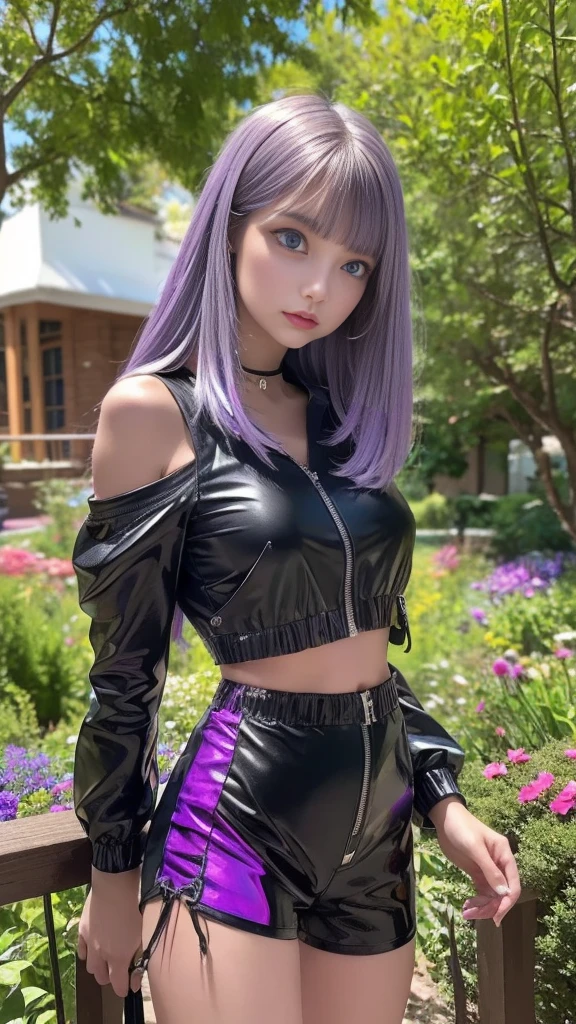 The tooltip for a given topic is as follows: "Girl with a European face, Aryan face, 20years old, Silvery-purple hair, pale purple-blue hair, Bright blue eyes, Her hair is tied up in a bun and falls to her right shoulder. Dressed in a comfortable leather suit, ((black shorts)), Black Leather Leggings, (((clothes in dark colors))), close-fitting clothes, (Best Quality, 4k, 8K, hight resolution, Masterpiece:1.2) Ultra-detailed features, including realistic, Photorealistic eyes and face. The figure shows the media (Insert Material) that resembles an illustration, oil painting, or 3D rendering. Girl in the garden with bright flowers and sharp focus, soft studio lighting. The overall atmosphere is calm and serene, with a touch of unearthly beauty. The color scheme is dominated by shades of black, Creating a dreamy and surreal aesthetic."