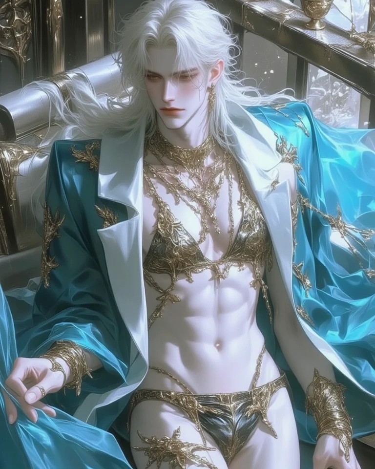 masterpiece, highest quality, (solo focus), (perfect face:1.1), (high detail:1.1), dramatic, 1guy, (pale skin), long white hair, white eyes, (light eyebrows), solo, long hair, Gerhard Freidl, moon, night, luxury gold  black a thong, covered navel, pouty lips, fur, arrogant expression, futuristic city, detailed background, art by artgerm, cinematic lighting, roses, fashion, BalenciagaStyle