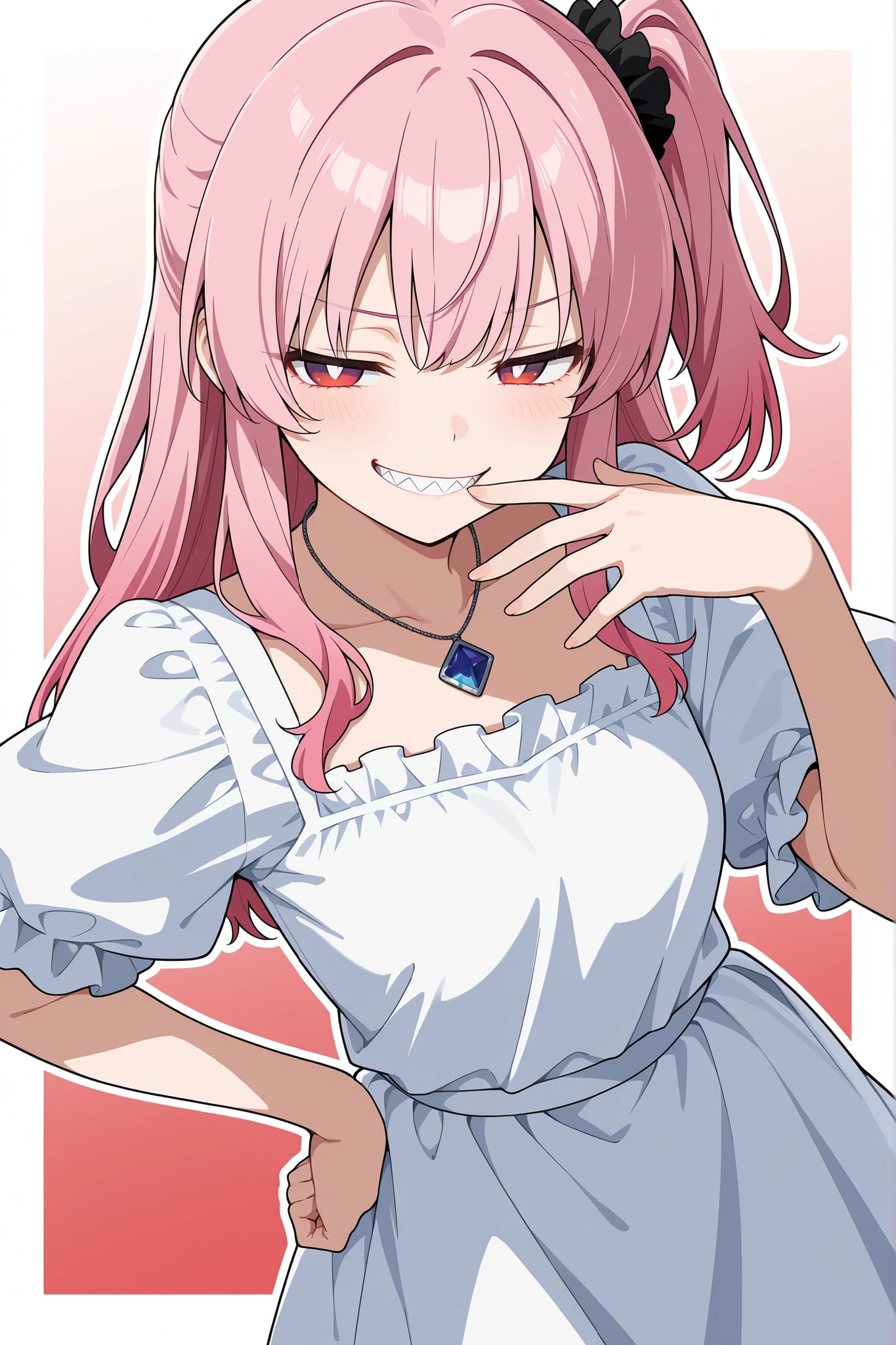 masterpiece, best quality, amazing quality, very aesthetic, best quality, newest, safe, dutch angle, 1girl, aged up, smug, grin, half-closed eyes, hand on mouth, hand on own hip, pink hair, side ponytail, bangs, red eyes, gradient eyes, white pupils, sharp teeth, small breasts, necklace, white dress, frilled dress, puffy sleeves, simple background, gradient background, white outline, white border, (anime screencap:1.1)
