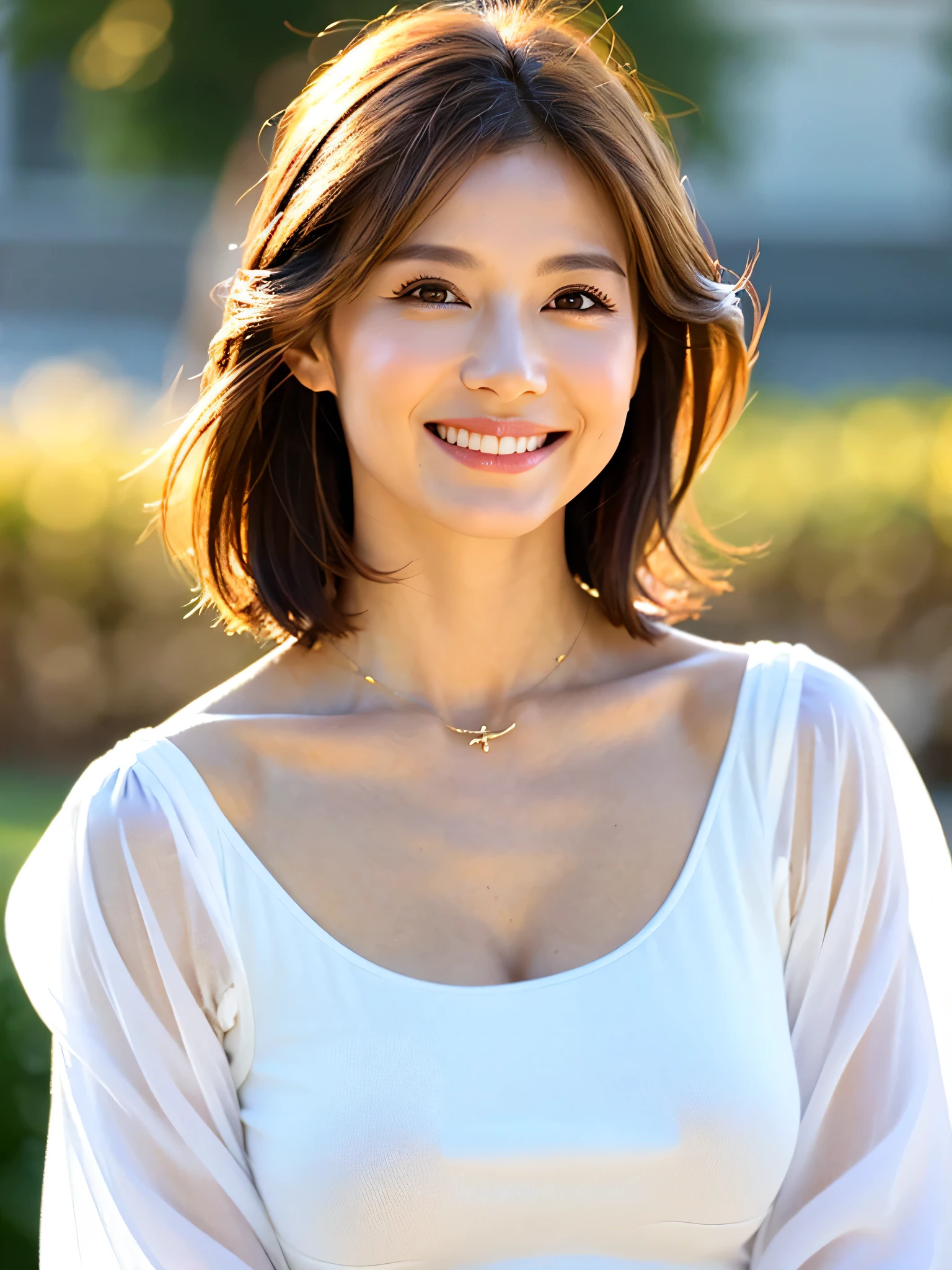 最high quality, In 8K, Masseter region, Vibrant, Sharp focus, high quality, High resolution, Detailed face, Fine grain, Thick lips, (Looking at the audience), alone, Beautiful woman, 38 years old, (Standard body shape)、(D cup breasts)、(Short black hair:1.5), Cleavage, afternoon、In front of the garden in the park,(Sit with your feet together on the bench:1.6)、(Red and white striped dress:1.6)、(smile:1.5)、(Black pumps:1.5)