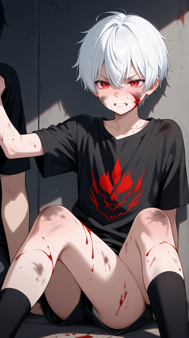 A young demon looking like a human with his white hair and blood red eyes on his body is covered in blood in front of him a pile of bodies