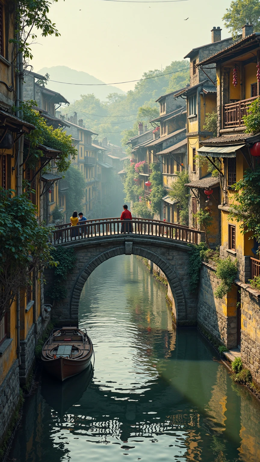 vintage, vietnamese, river, old bridge, street, urbanvintage vietnamese river old bridge street urban, detailed cityscape, picturesque riverside town, antique architecture, cobblestone streets, flowing river, old stone bridge, lush greenery, warm tones, atmospheric lighting, cinematic composition, masterpiece, 4k, ultra-detailed, photorealistic