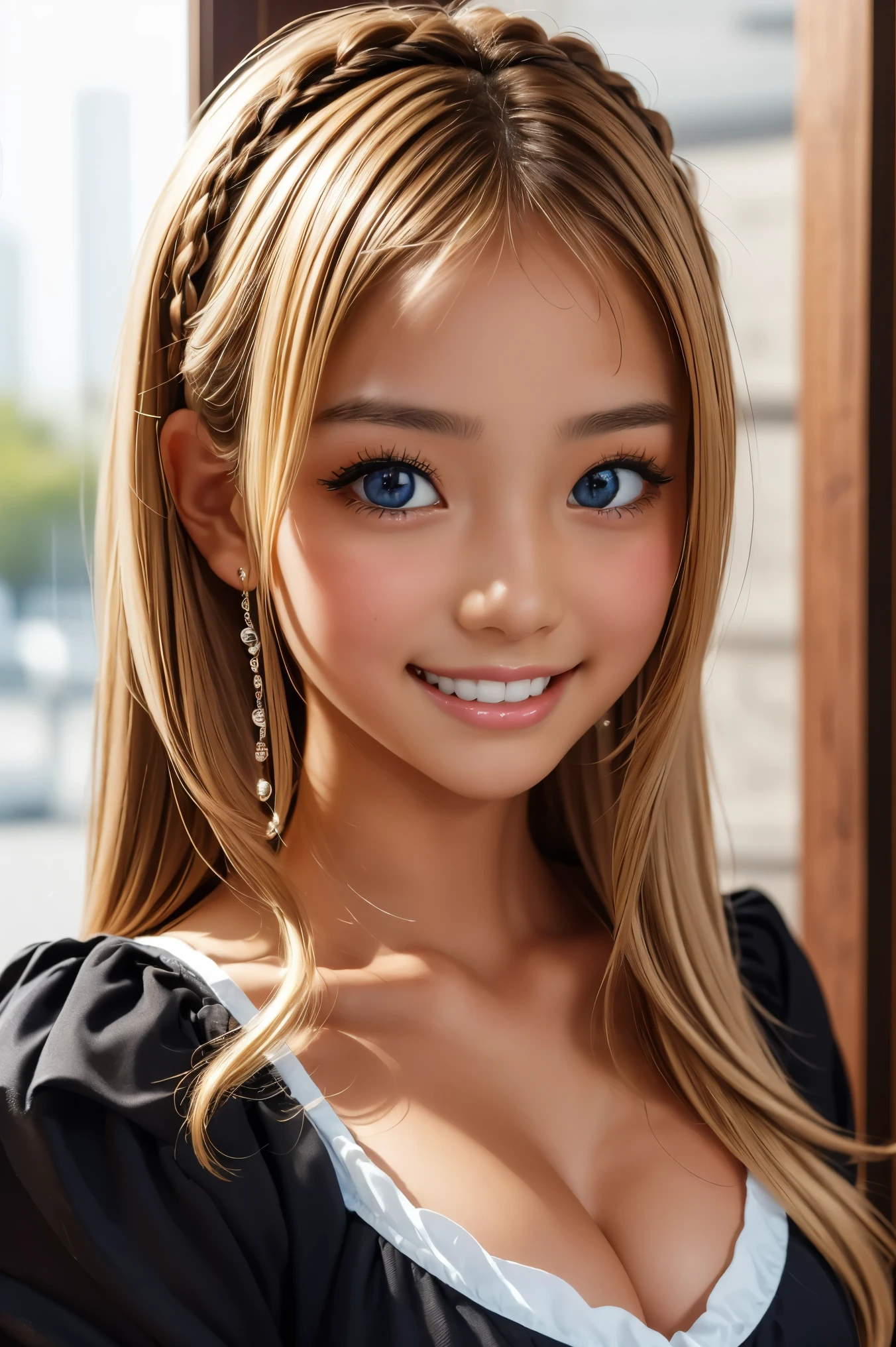one girl, (((smile)))、School Swimsuit、Beautiful breasts、 Brown eyes, ((Gal Hairstyles)) blonde, girl, (Eye and facial details:1.0), break, (masterpiece, Highest quality, Very detailed, Detailed face, 8k)