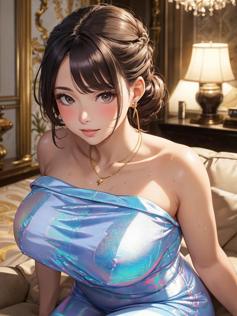 (Masterpiece, BestQuality:1.3), (ultra detailed:1.2), (hyperrealistic:1.3), (RAW photo:1.2), High detail RAW color photo, professional photograph, (Photorealistic:1.4), (realistic:1.4), professional lighting, perfect anatomy, (Big Breasts:1.5), (blush, detailed face), (Ahegao:1.5), (Blue Hair:1.5), Trending Hair&Trending Hairカラーをランダムに, earrings, necklace, bracelet, sexly, erotic sexly, Random sexy gravure poses, ((Sexy beauty in an elegant dress in a luxury hotel lobby、Beautiful figure under the chandelier、Chignon's hairstyles: 1.5)