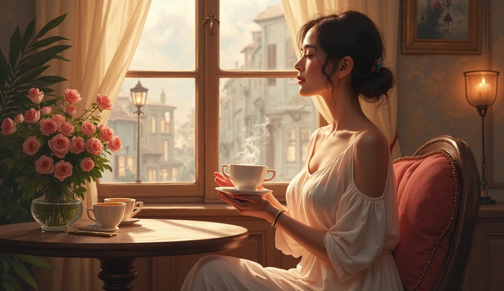 Craft a visual scene featuring a lady clad in a delicate white tank top, have large round boobs, nipples under shirt, sitting gracefully with a cup of steaming tea in hand. The ambiance should reflect warmth and relaxation, capturing the essence of a serene moment amidst softly lit surroundings. Emphasize the tranquility and sophistication of the scene, portraying the lady's poised demeanor as she indulges in the comforting ritual of savoring her tea.. masterpiece, 8k, masterpiece, best quality:1.2),,(8k,highres,RAW photo,realistic,photo-realistic:1.3),(detailed skin texture,detailed cloth texture,beautiful detailed face:1.25),professional lighting,photon mapping,beautiful soft light,radiosity,physically-based rendering,raytracing, model shoot style, model shoot style, (extremely detailed CG unity 8k wallpaper), full shot body photo of the most beautiful artwork in the world, (((nsfw))), (((nipples))), (((boobs)))